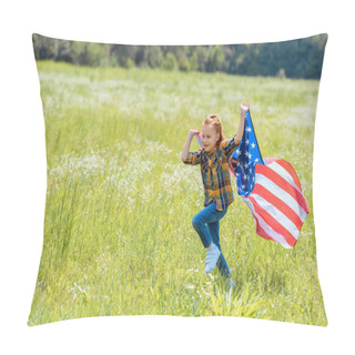 Personality  Child Running In Field With American Flag In Hands Pillow Covers