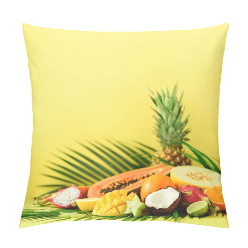 Personality  Assortment Of Exotic Fruits On Yellow Background. Detox, Vegan Food, Summer Concept. Papaya, Mango, Pineapple, Carambola, Dragon Fruit, Kiwi, Orange, Melon, Coconut, Lime Over Palm Leaves. Pillow Covers