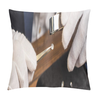 Personality  Close Up View Of Jewelry Appraiser In Gloves Holding Gemstone In Pliers And Magnifying Glass Near Table, Panoramic Shot Pillow Covers
