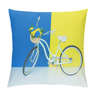 Personality  Female Bicycle With Flowers In Basket On Blue And Yellow Background Pillow Covers