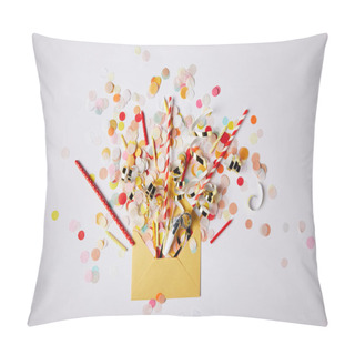 Personality  Top View Of Confetti Pieces And Yellow Envelope On White Surface Pillow Covers