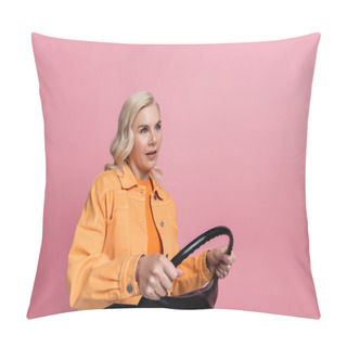 Personality  Blonde Driver In Orange Jacket Holding Steering Wheel Isolated On Pink  Pillow Covers