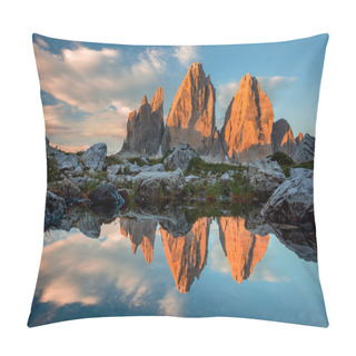Personality  Tre Cime Di Lavaredo With Reflection In Lake At Sundown, Dolomit Pillow Covers