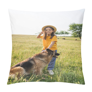 Personality  Child In Straw Hat Smiling At Camera Near Dog And Herd Grazing In Pasture Pillow Covers