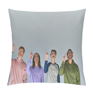 Personality  Four Joyful Men In Street Wear Looking Up And Pointing Up On Grey Background, Cultural Diversity Pillow Covers