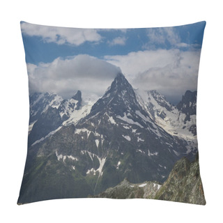 Personality  Towering Mountain Peak, Snow Capped And Surrounded By Rugged Terrain Under A Dramatic Sky Pillow Covers