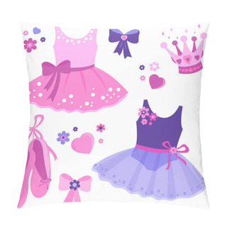 Personality  Vector Illustration Set Of Cute Pink And Purple Ballerina Dancer Girl Outfits, Ballet Shoes, Ribbons, Crown And Flowers. Pillow Covers