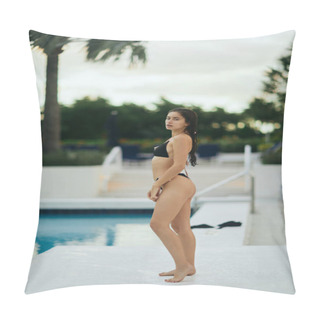 Personality  Captivating And Sexy Brunette Woman Dressed In Black Bikini Standing Next To Outdoor Swimming Pool In Luxury Resort In Miami, USA, Blurred Background, Vacation Mode, Sun-kissed Pillow Covers