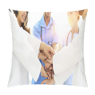 Personality  Doctors And Nurses Stacking Hands. Concept Of Mutual Aid. Pillow Covers