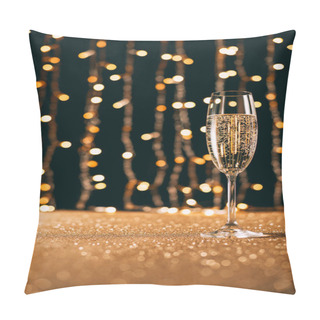 Personality  Surface Level Of One Glass Of Champagne On Garland Light Background, Christmas Concept Pillow Covers