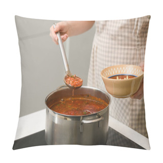 Personality  A Woman Pours Freshly Prepared Ukrainian Borscht Into A Traditional Earthenware Bowl. Pillow Covers