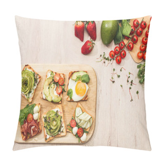Personality  Top View Of Toasts With Vegetables On Chopping Board And Fresh Ingredients On Wooden Table Pillow Covers