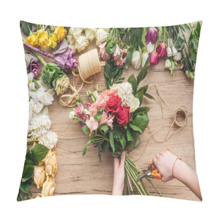Personality  Partial View Of Florist Holding Bouquet And Prunning Flower Stalks On Wooden Surface Pillow Covers