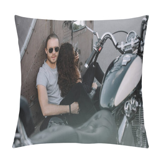 Personality  Couple Of Bikers Hugging On Asphalt With Classical Chopper Motorcycle Pillow Covers