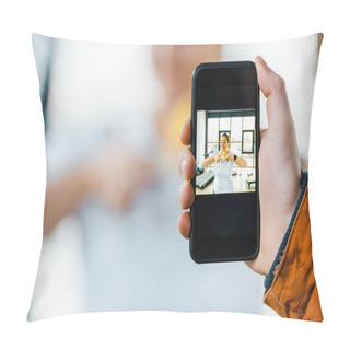 Personality  Cropped View Of Man Taking Photo Of Overweight Woman With Smartphone Pillow Covers