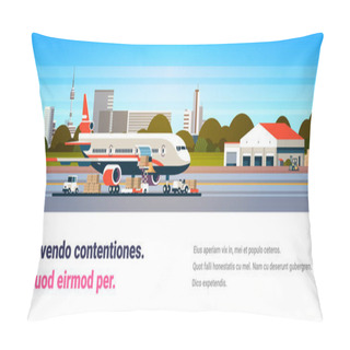 Personality  Transport Airplane Express Delivery Preparing Flight Aircraft Airport Air Cargo International Transportation Concept Forklift Loading Parcel Boxes Flat Horizontal Banner Copy Space Pillow Covers