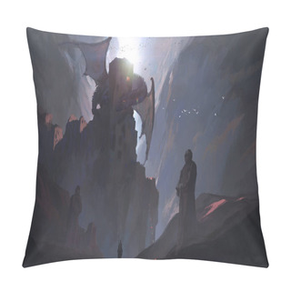 Personality  The Knights In The Canyon Challenge The Dragon, Digital Painting. Pillow Covers