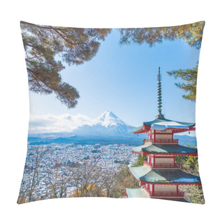 Personality  Mt. Fuji With Chureito Pagoda In Autumn, Fujiyoshida. Pillow Covers