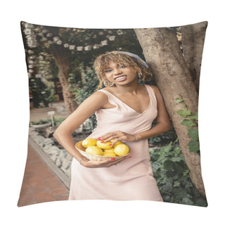 Personality  African American Woman With Braces Wearing Summer Outfit And Smiling At Camera While Holding Lemons In Basket And Standing Near Trees In Orangery, Fashion-forward Lady In Harmony With Tropical Flora Pillow Covers