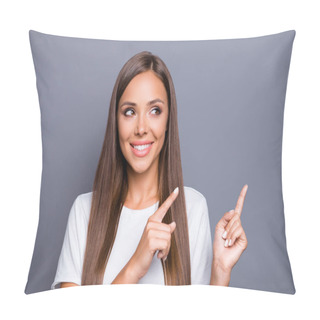 Personality  Portrait Of Brown-haired Gorgeous Attractive Nice Smiling Young Lady With Logn Hair Over Grey Background, Showing Pointing Up And Side With Fingers, Isolated, Copy Space Pillow Covers