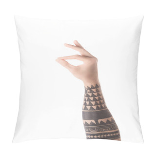 Personality  Cropped View Of Tattooed Man Showing Ok Sign Isolated On White Pillow Covers