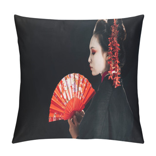 Personality  Side View Of Beautiful Geisha In Black Kimono With Red Flowers In Hair Holding Traditional Hand Fan Isolated On Black Pillow Covers