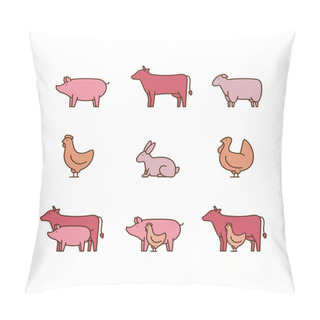 Personality  Farm Animal Outline Icon Set. Pig, Cow, Lamb, Chicken, Turkey, Rabbit. Icon For Butcher Shop. Vector Illustration. Pillow Covers