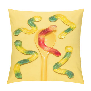 Personality  Top View Of Colorful Gummy Worms With Spoon On Yellow Pillow Covers