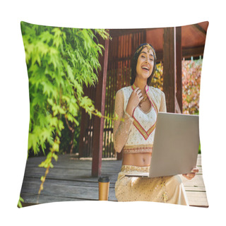 Personality  Laughing Indian Woman Sitting With Laptop Near Coffee To Go In Wooden Alcove On Summer Day Pillow Covers