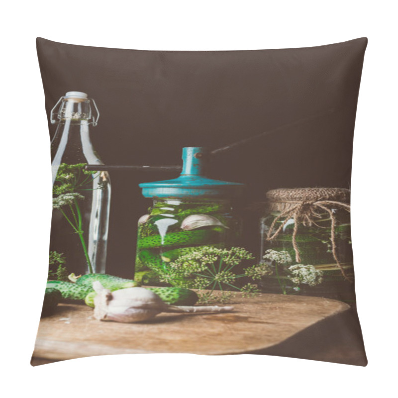 Personality  Glass Jars With Preserved Cucumbers And Dill With Garlic On Table Pillow Covers