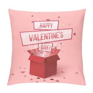 Personality  Happy Valentines Day.Valentines Day Gift Box.Red Hearts Coming Out From Gift Box. Set Of Red Gift Presents With Flying Hearts For Holiday Design.Hearts Explosion.Love Is In The Air. Love Box.Lettering. Delivery Red Box. Magic Love Box. Flying Hearts. Pillow Covers