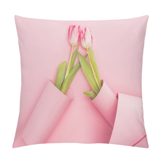 Personality  Top View Of Tulips Wrapped In Paper Swirls On Pink Background Pillow Covers