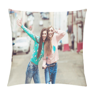 Personality Hipster Girlfriends Taking A Selfie In Urban City Context - Concept Of Friendship And Fun With New Trends And Technology - Best Friends Eternalizing The Moment With Modern Smartphone Pillow Covers