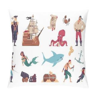 Personality  Pirates Set. Cartoon Crew Of Filibusters And Captain On Sailing Ship. Mermaid Swimming With Marine Animals. Treasure Map And Chest Full Of Gold Coins. Vector Sea Robbers Collection Pillow Covers