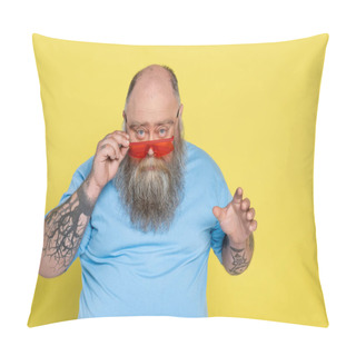 Personality  Serious Plus Size Man Looking At Camera Over Trendy Sunglasses Isolated On Yellow Pillow Covers
