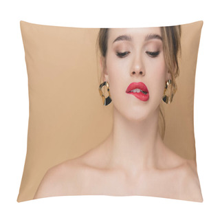 Personality  Sensual Woman With Makeup And Bare Shoulders Biting Lip Isolated On Beige Pillow Covers