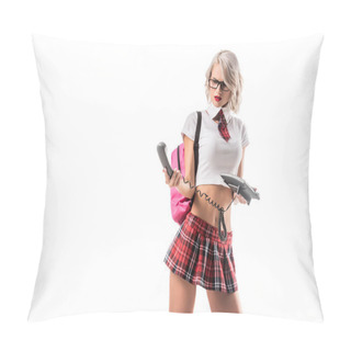 Personality  Portrait Of Sexy Blond Woman In Schoolgirl Plaid Skirt With Pink Backpack And Telephone Isolated On White Pillow Covers