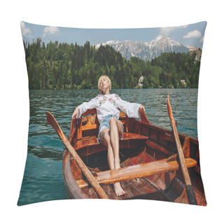 Personality  Beautiful Young Woman Resting In Boat At Tranquil Mountain Lake, Bled, Slovenia Pillow Covers