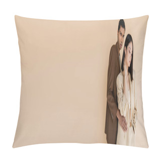 Personality  African American Man In Stylish Blazer Embracing Sensual Asian Woman Isolated On Beige, Banner Pillow Covers