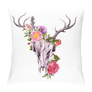 Personality  Deer Animal Skull With Flowers, Feathers. Watercolor Pillow Covers