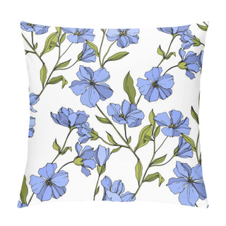 Personality  Vector Flax Floral Botanical Flowers. Blue And Green Engraved Ink Art. Seamless Background Pattern. Pillow Covers