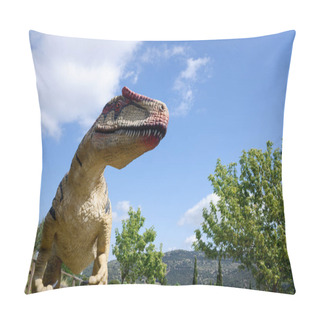 Personality  Recreation Of An Allosaurus Fragilis, A Dinosaur With Large Teeth, In An Outdoor Park. Pillow Covers