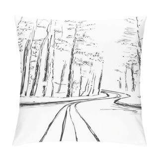 Personality  Vector Illustration. Hand Drawn Forest Sketch Landscape With Road And Tree. Line Design. Pillow Covers
