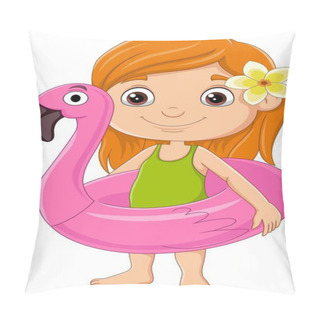 Personality  Vector Illustration Of Cartoon Little Girl With Flamingo Inflatable Ring Pillow Covers