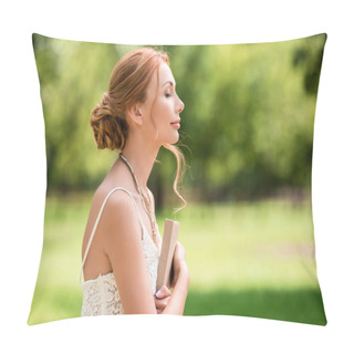 Personality  Young Woman With Book At Park Pillow Covers