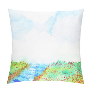 Personality  River And Meadow Flower Field Landscape Watercolor Painting Pillow Covers
