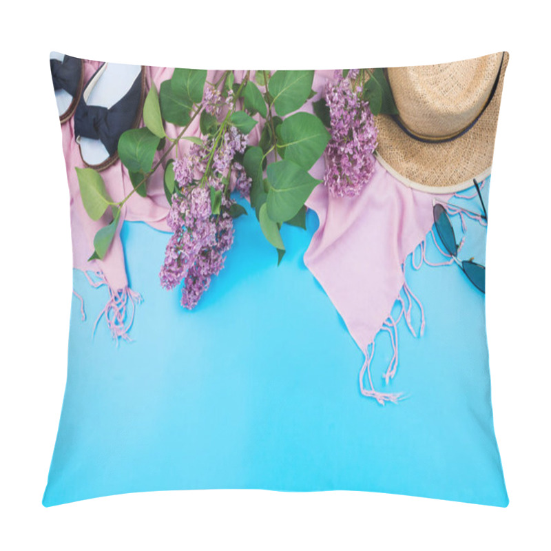 Personality  Summer Flatlay With Pink Scarf, Straw Hat And Sungasses On Blue Pillow Covers