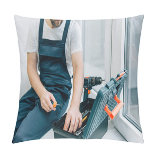 Personality  Partial View Of Male Repairman Taking Screwdriver From Toolbox While Sitting On Windowsill Pillow Covers