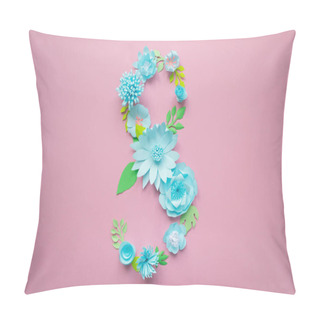 Personality  March 8 Women's Day Card With Blue Paper Flowers On Pink Background. Cut From Paper. Pillow Covers