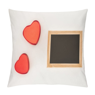 Personality  Top View Of Blank Blackboard In Frame With Heart Shaped Isolated On White Pillow Covers